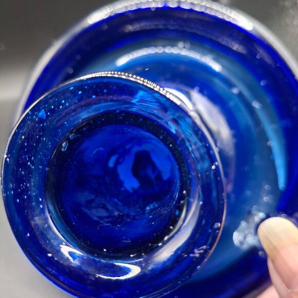 Blue Glass Artisan Candlestick  Whimsical Curved Handle Vintage Handblown Decor - Picture 7 of 8